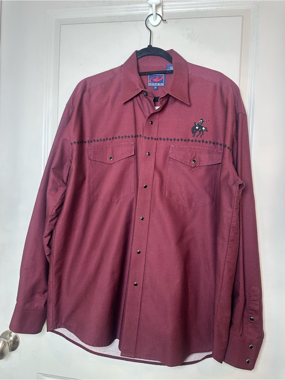 Vintage 90s Roper Burgundy Embroidered Black Piping Western Cowboy ButtonUp Top